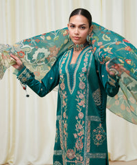 3 Piece - Embroidered Cotton Satin Suit