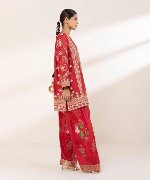 2 Piece - Embroidered Raw Silk Suit