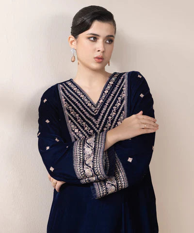 2 Piece - Embroidered Raw Silk Suit