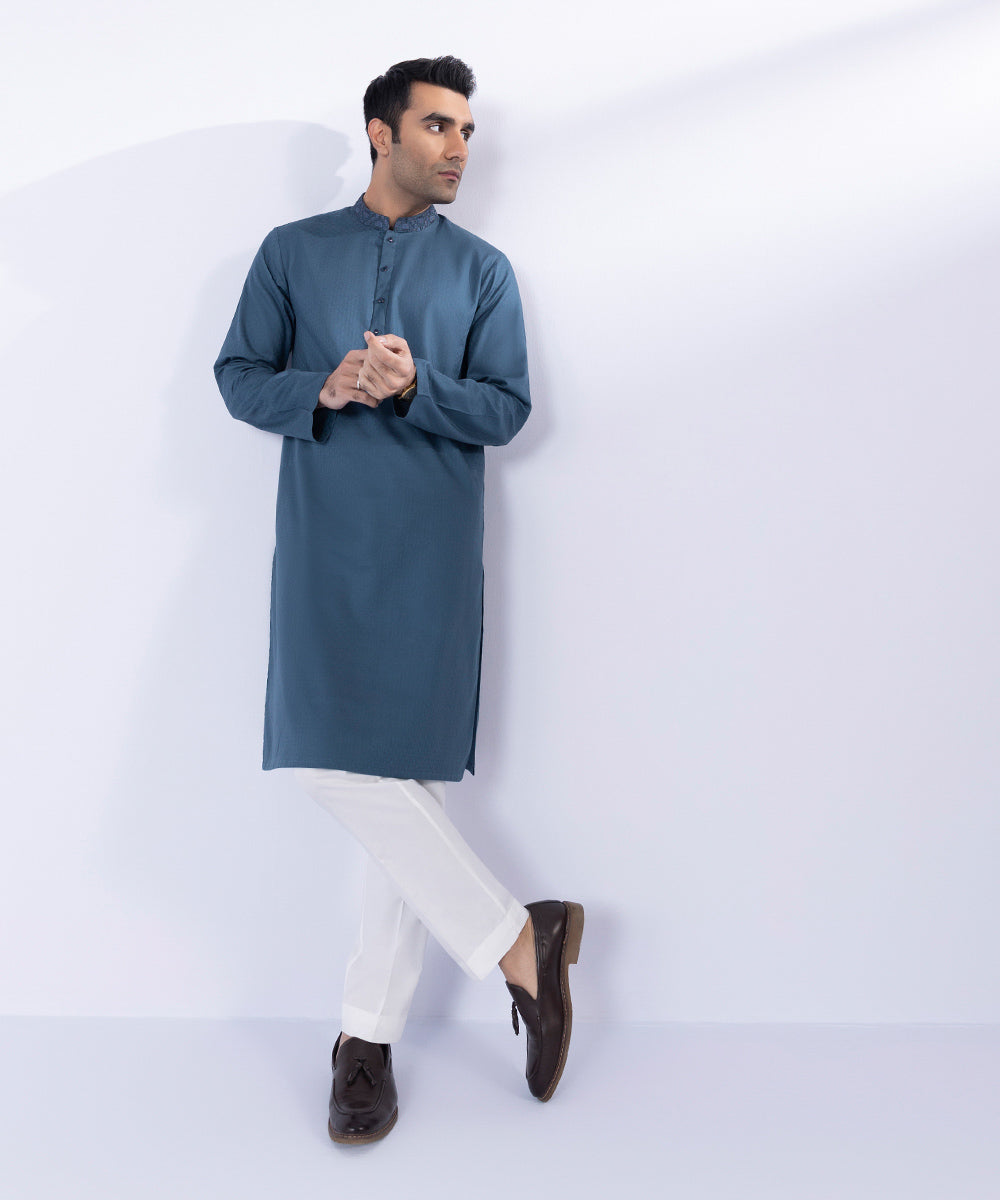 Embroidered Cotton Jacquard Kurta