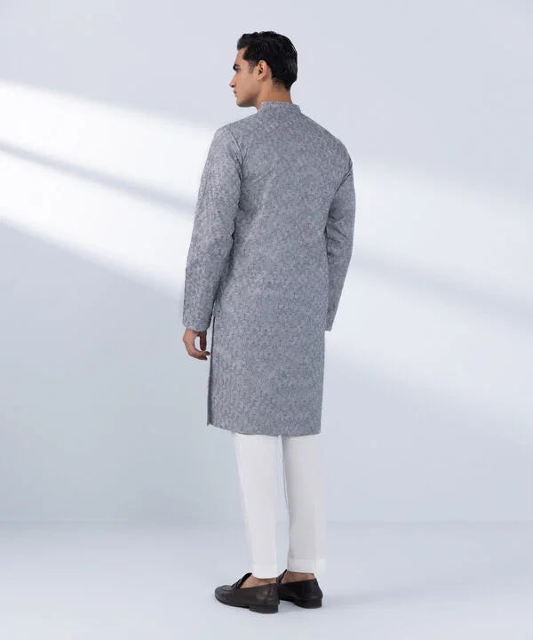 Schiffli Embroidered Cotton Kurta - Slim Fit