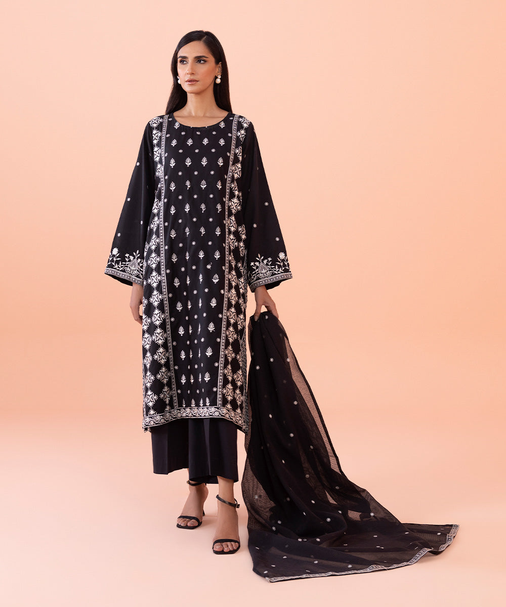 2 Piece - Embroidered Cotton Satin Suit