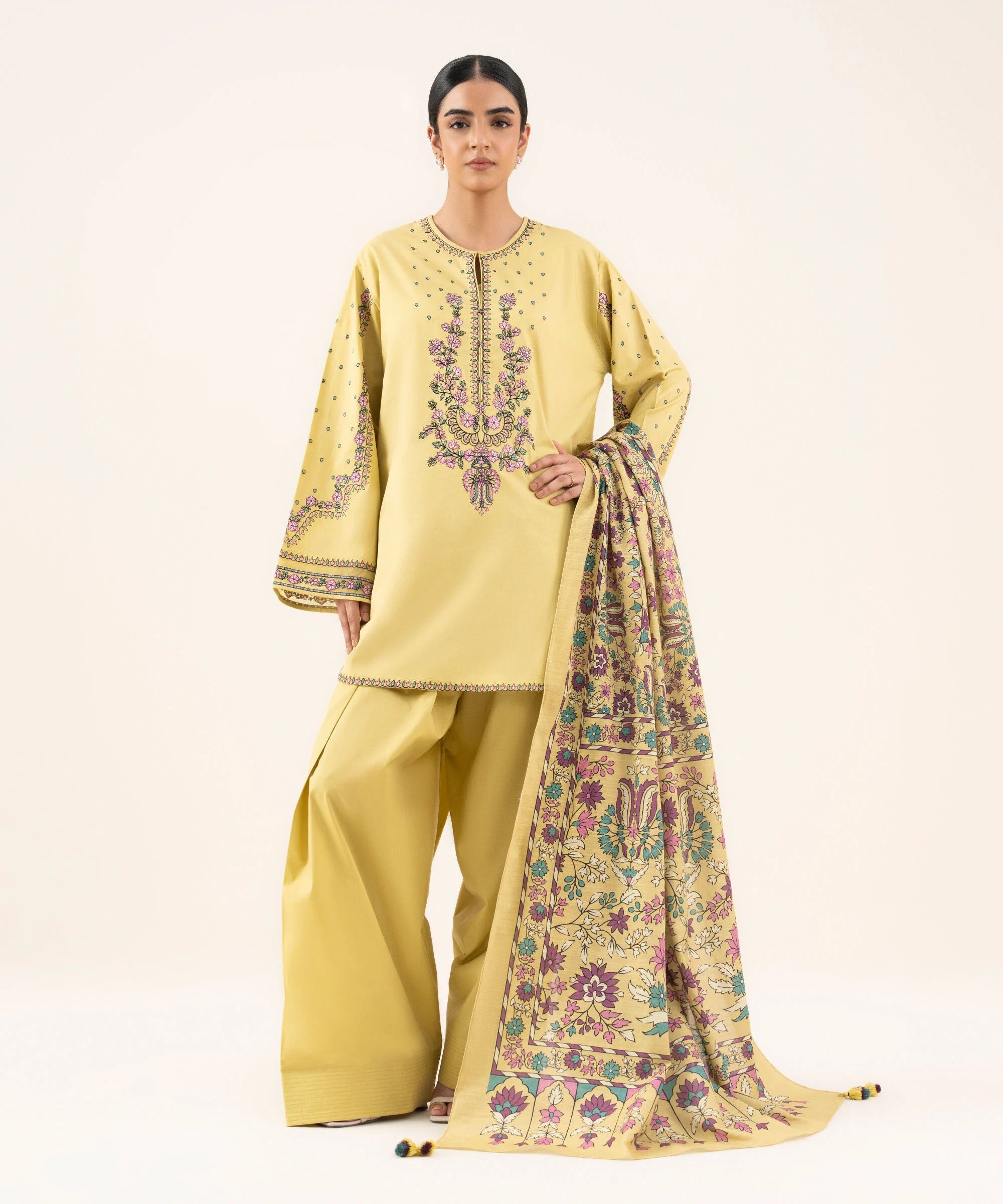 2 Piece - Embroidered Cotton Suit