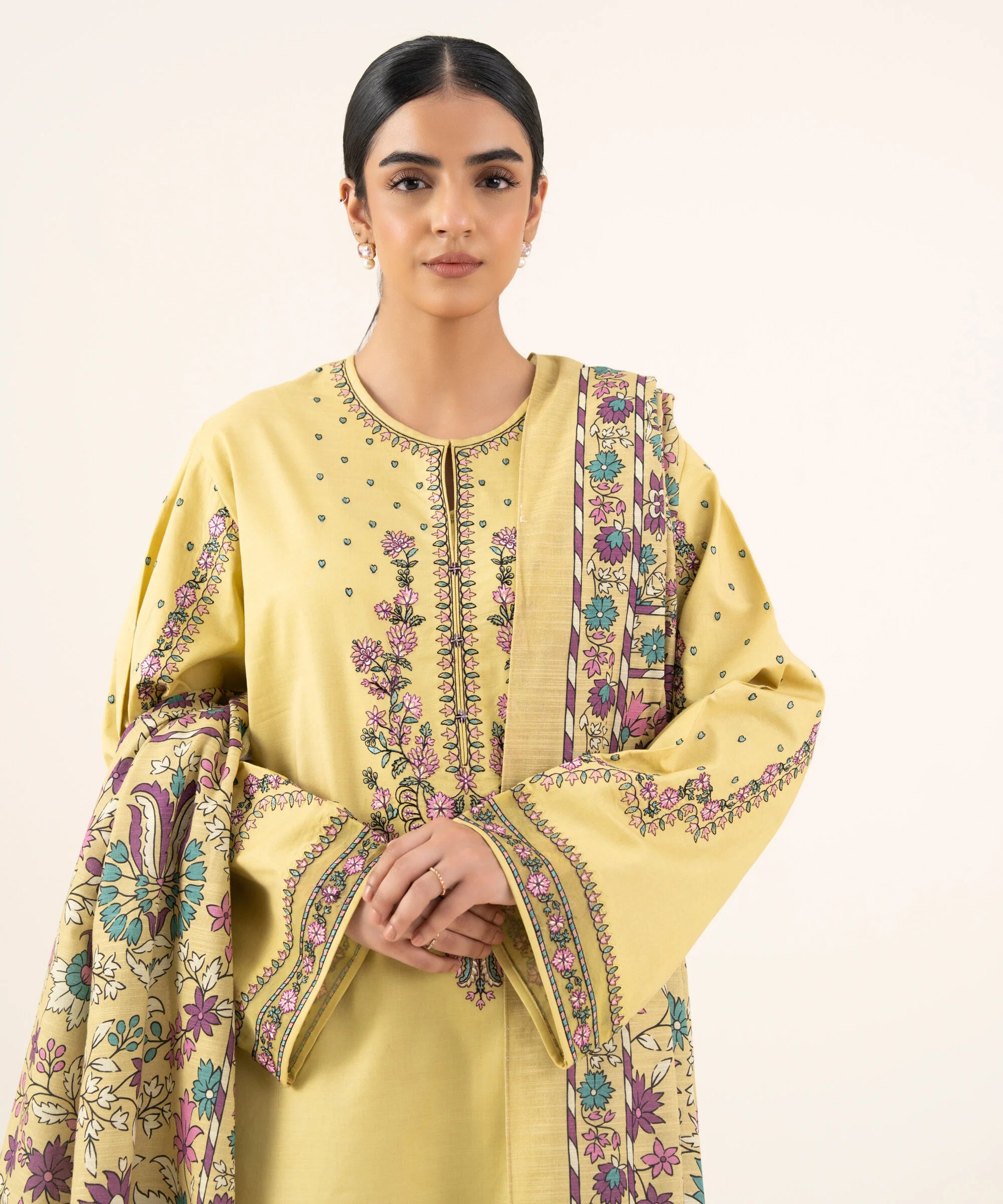 2 Piece - Embroidered Cotton Suit