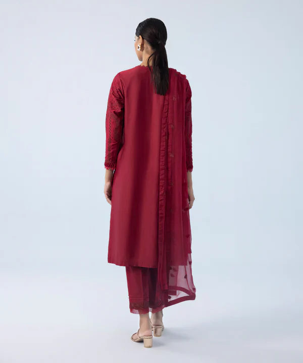 3 Piece - Embroidered Cotton Satin Suit