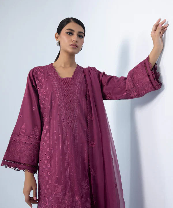 3 Piece - Embroidered Cotton Satin Suit