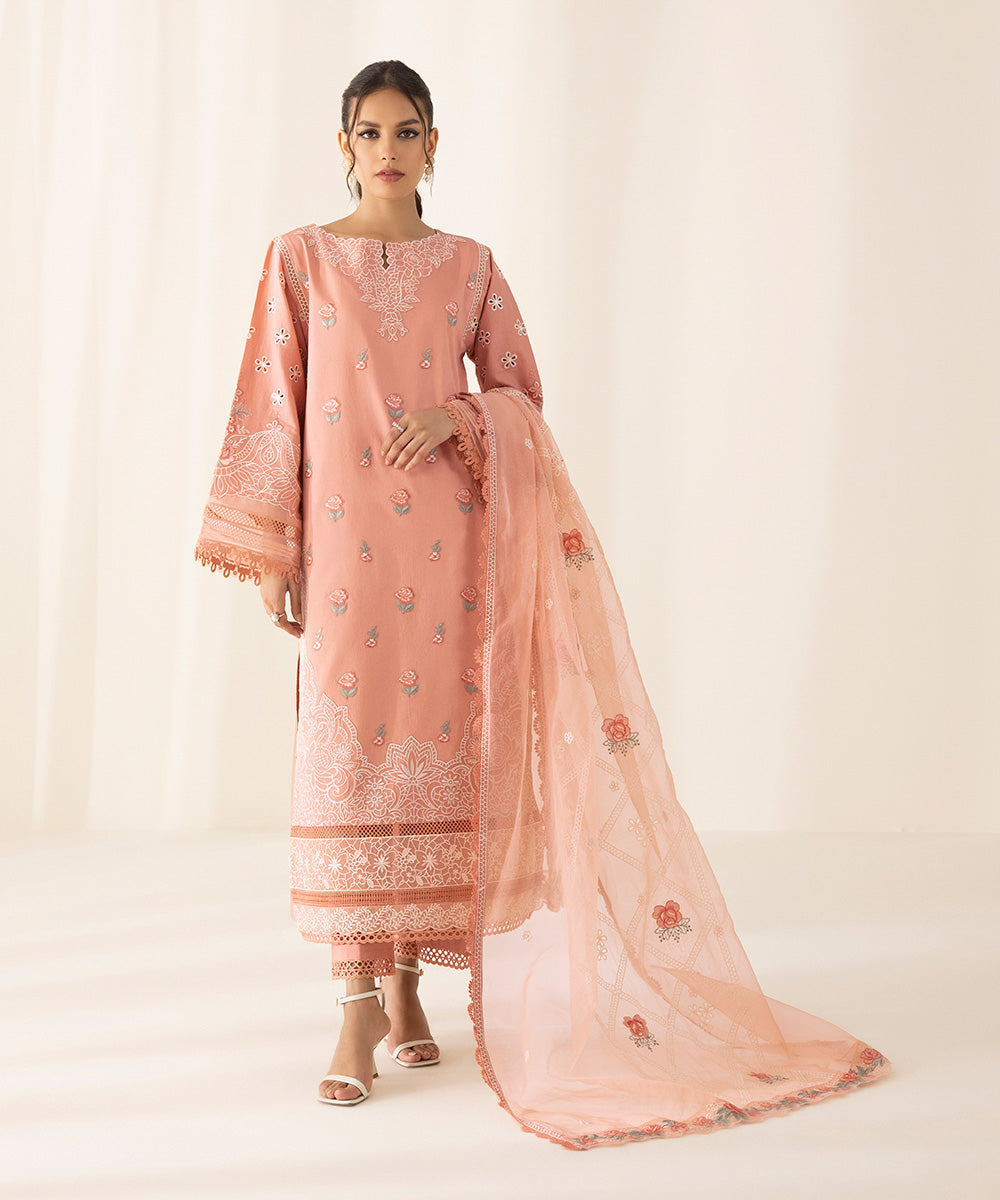 3 Piece - Embroidered Cotton Satin Suit