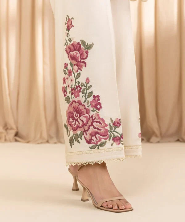 3 Piece - Embroidered Cotton Satin Suit