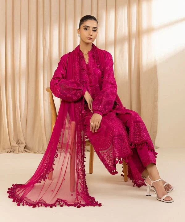 3 Piece - Embroidered Cotton Satin Suit