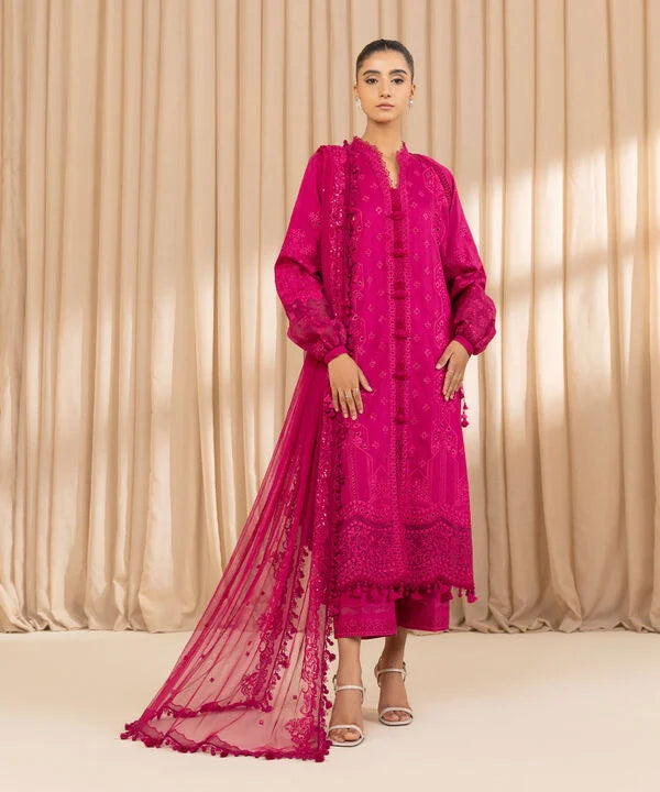 3 Piece - Embroidered Cotton Satin Suit