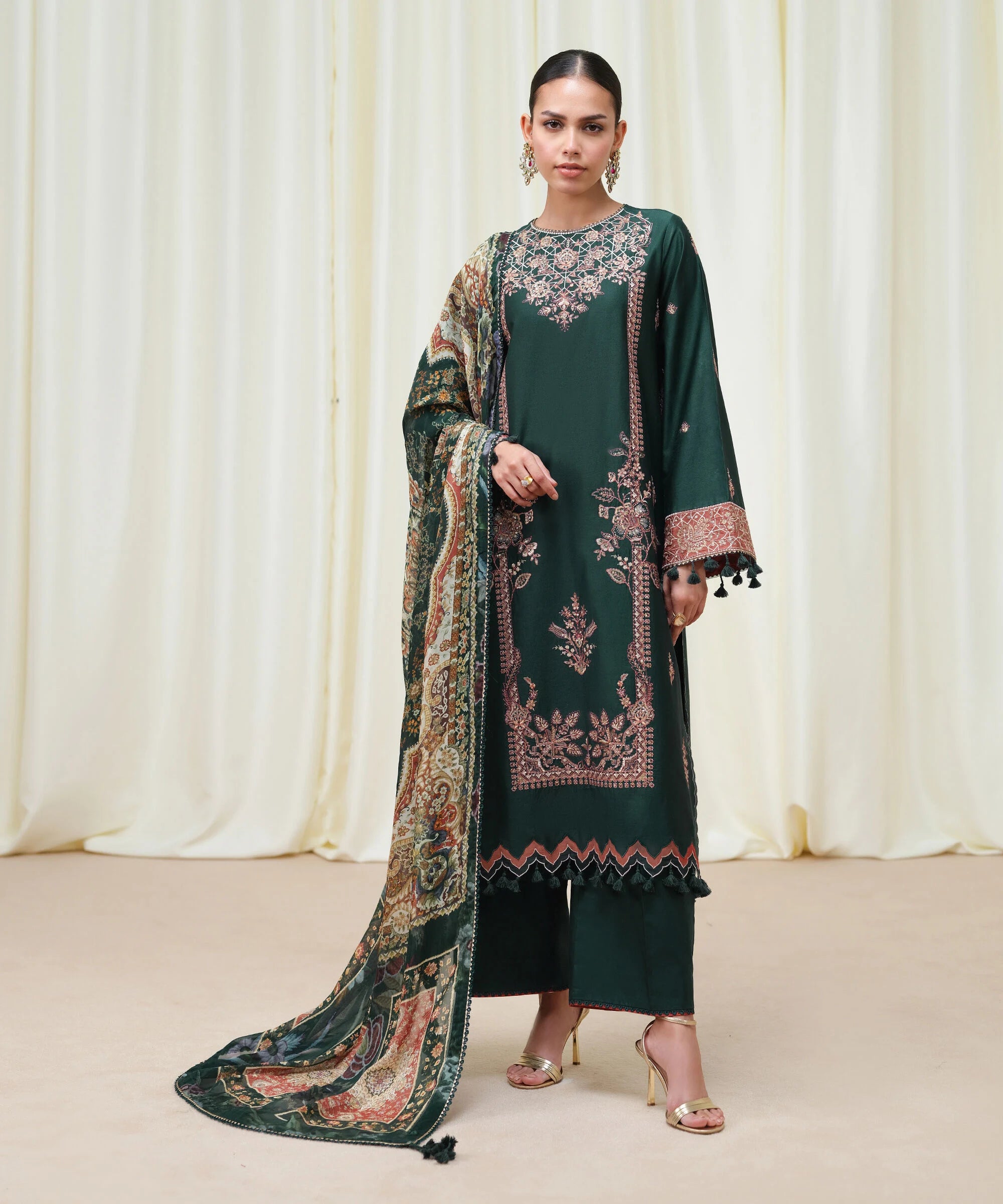 3 Piece - Embroidered Cotton Satin Suit