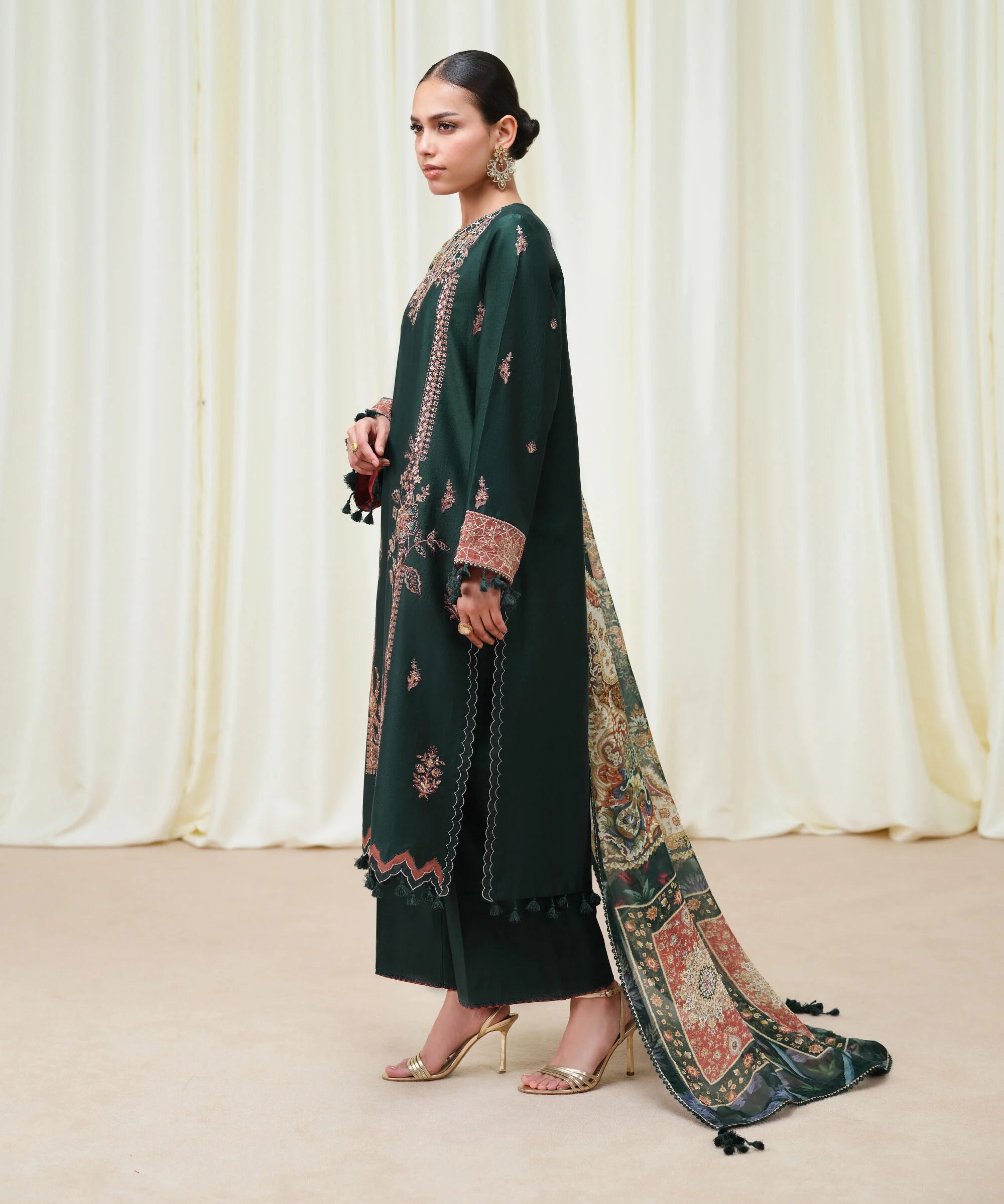 3 Piece - Embroidered Cotton Satin Suit