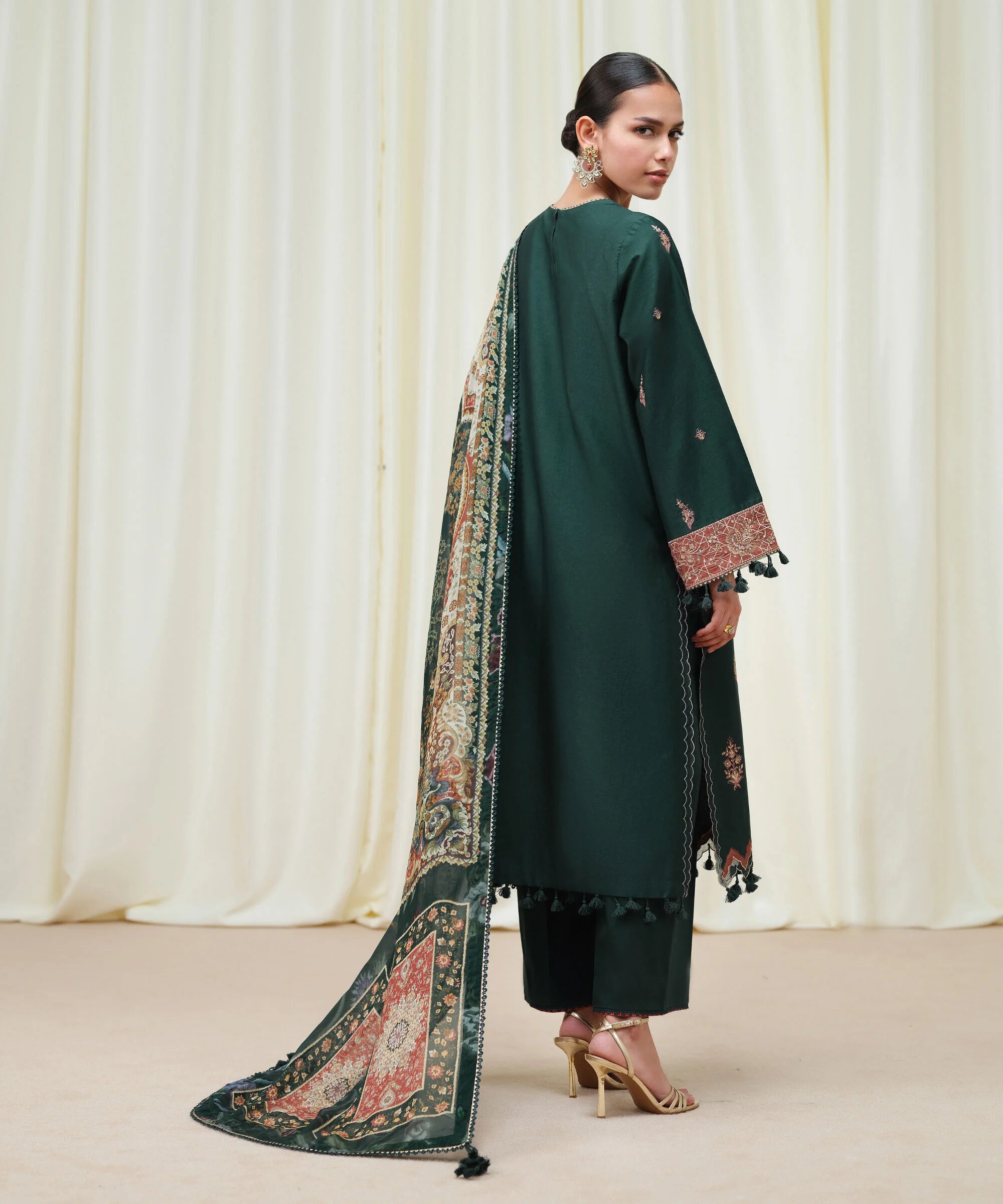 3 Piece - Embroidered Cotton Satin Suit