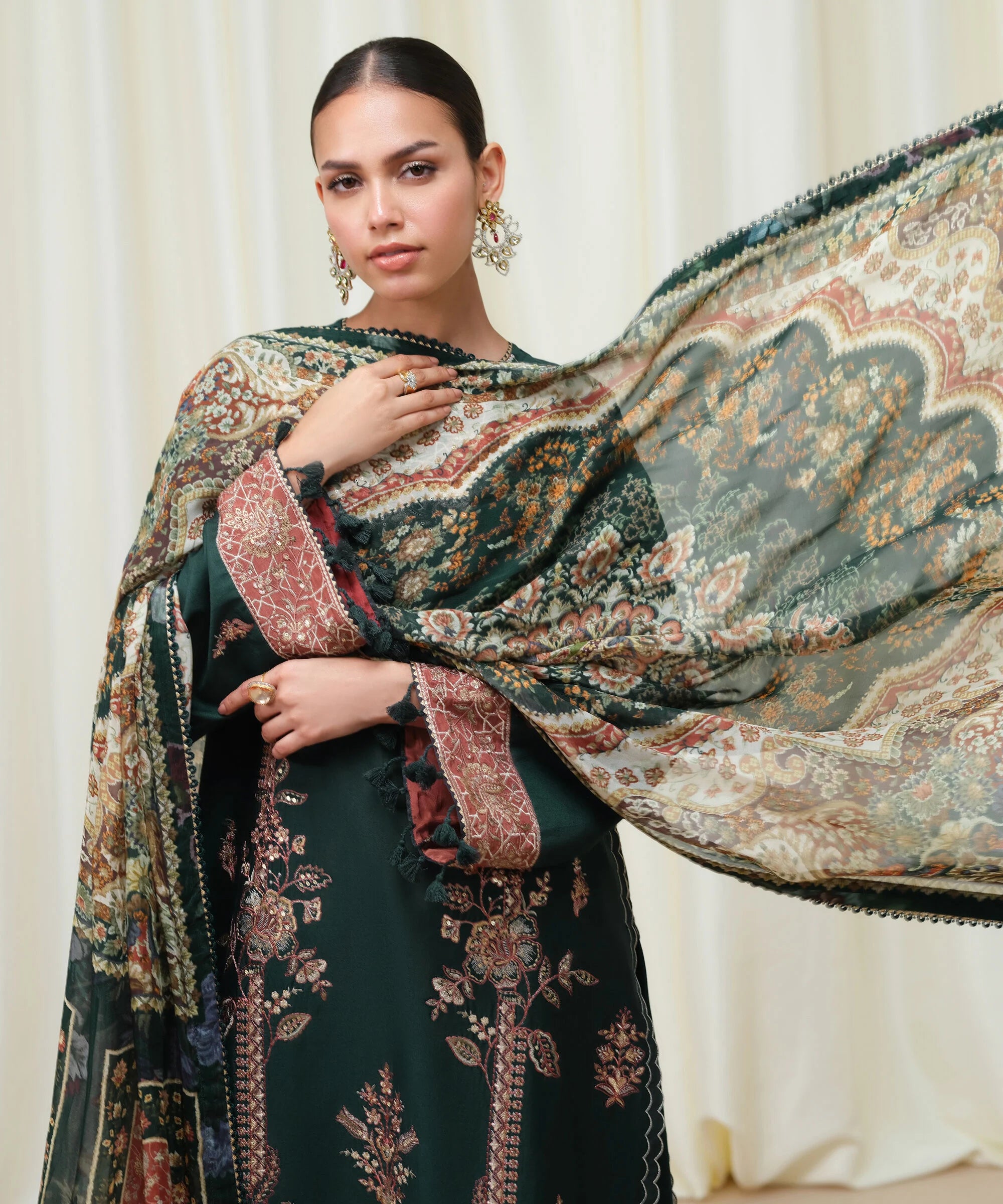 3 Piece - Embroidered Cotton Satin Suit