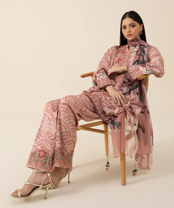 3 Piece - Embroidered Satin Suit