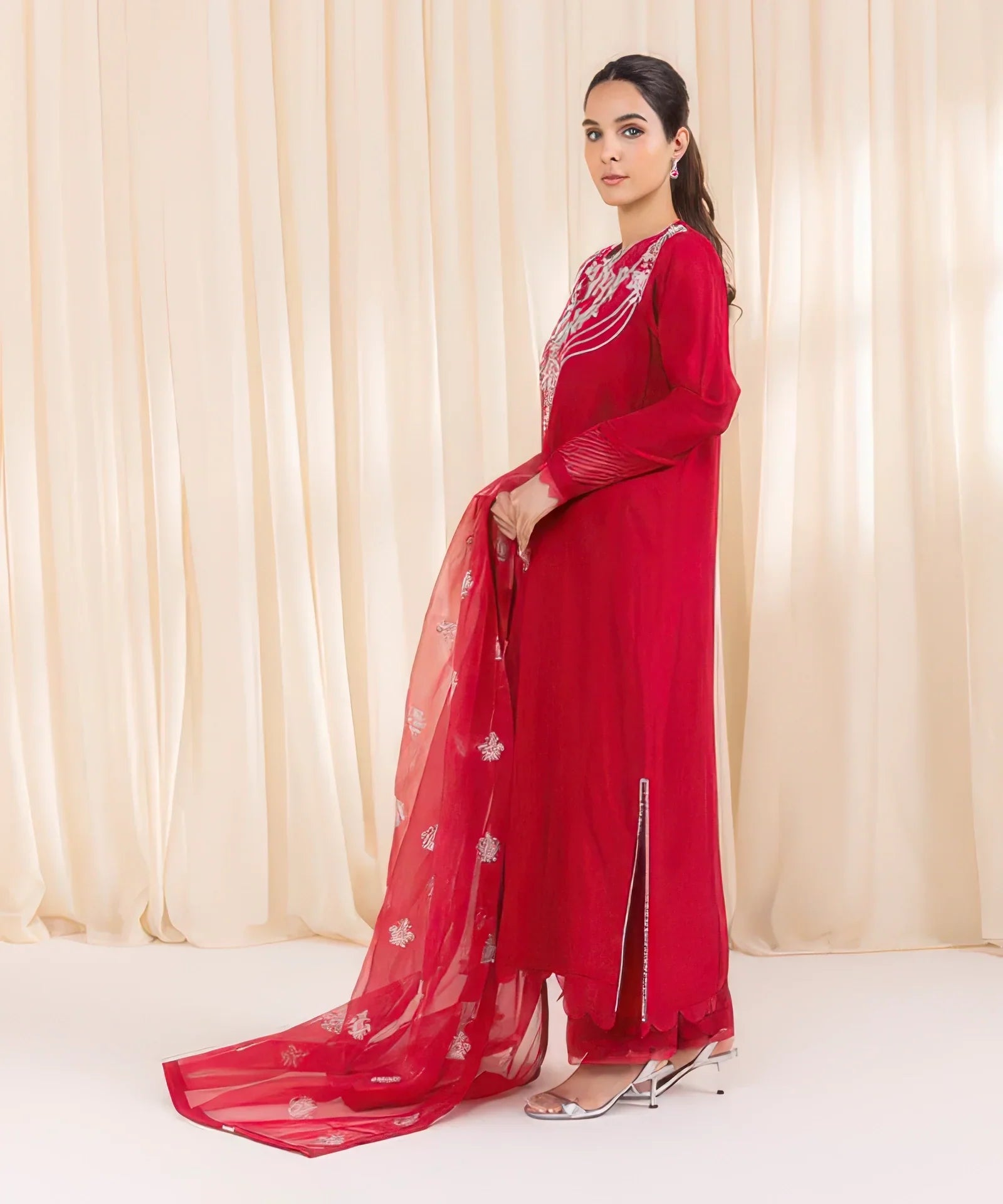 3 Piece - Embroidered Raw Silk Suit