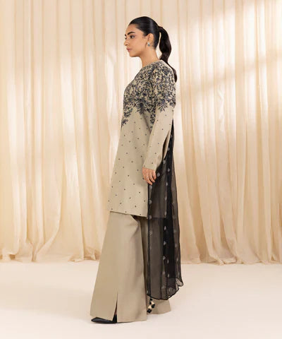 3 Piece - Embroidered Cotton Satin Suit