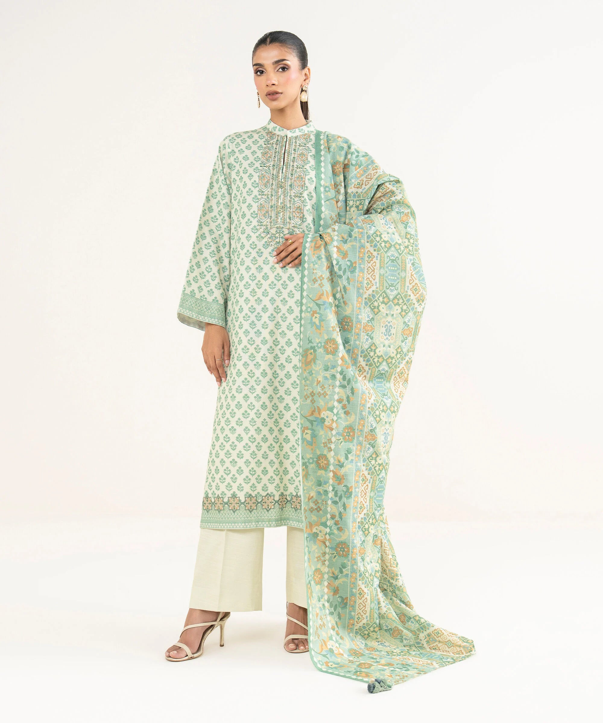 2 Piece - Embroidered Cotton Suit