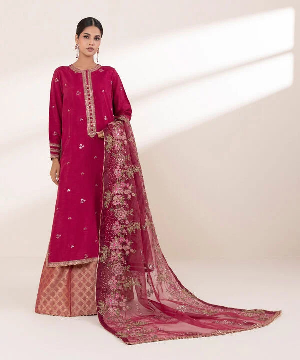 3 Piece - Embroidered Raw Silk Suit