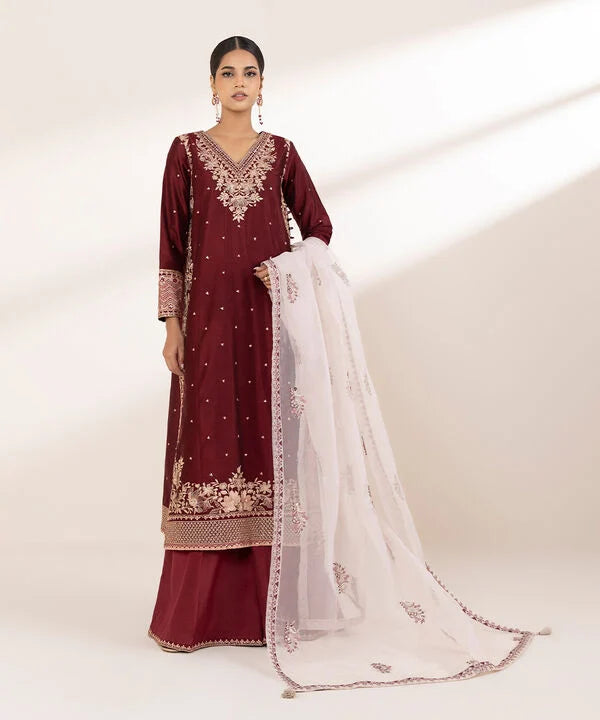 3 Piece - Embroidered Cotton Net Suit