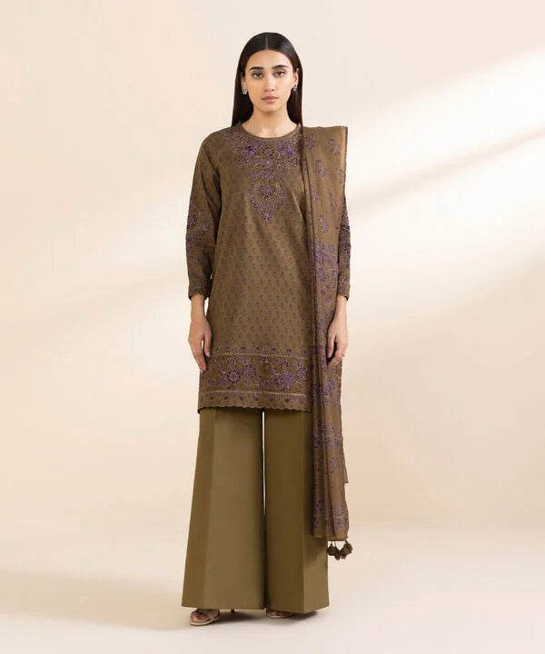 3 Piece - Embroidered Cotton Jacquard Suit