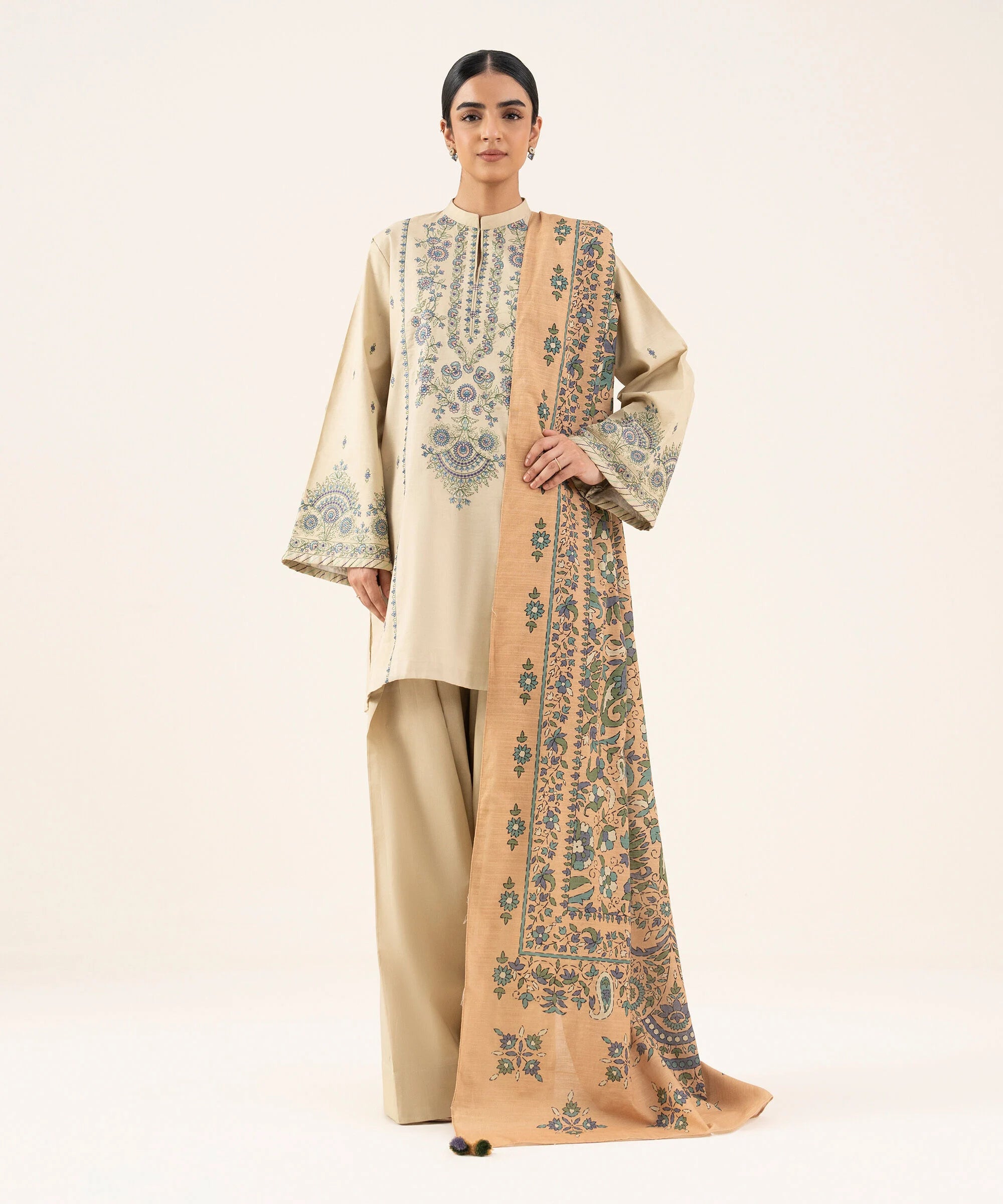 2 Piece - Embroidered Cotton Suit