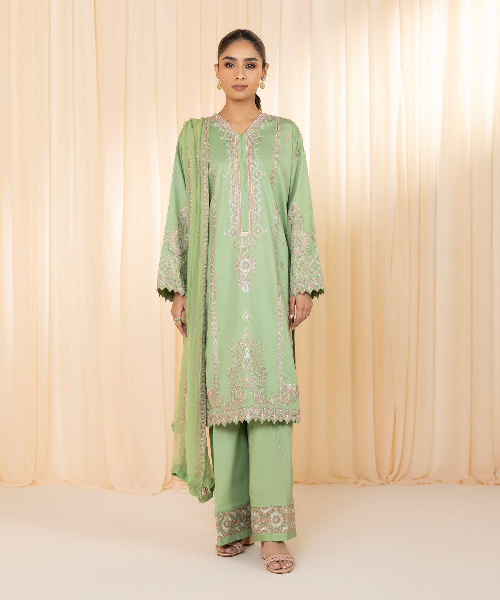 3 Piece - Embroidered Cotton Satin Suit
