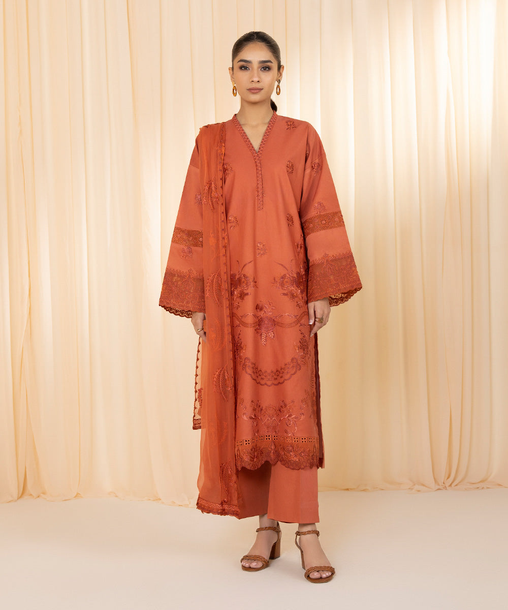 3 Piece - Embroidered Cotton Satin Suit