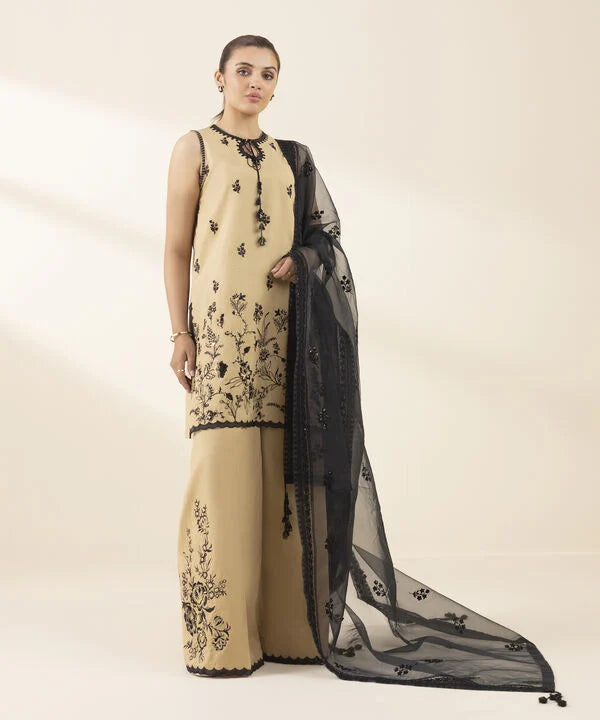3 Piece - Embroidered Raw Silk Suit