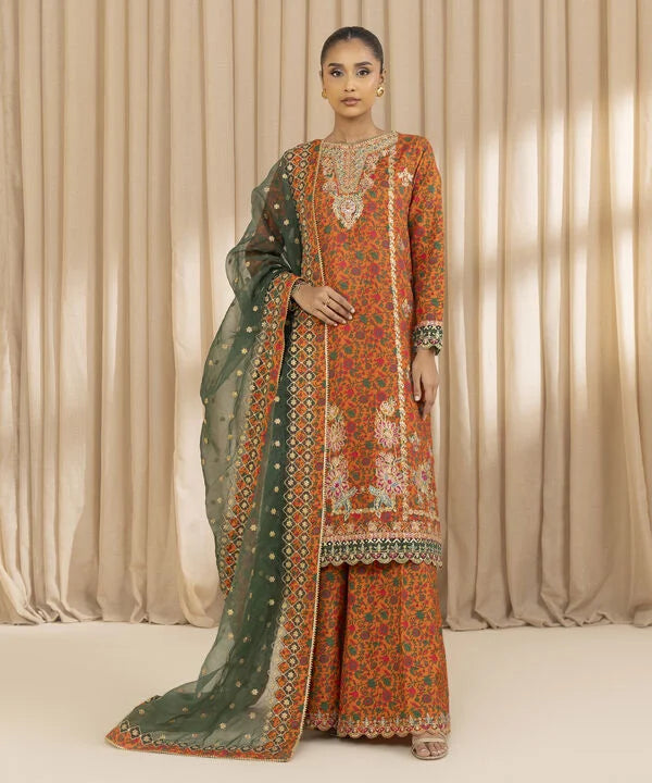 3 Piece - Embroidered Raw Silk Suit