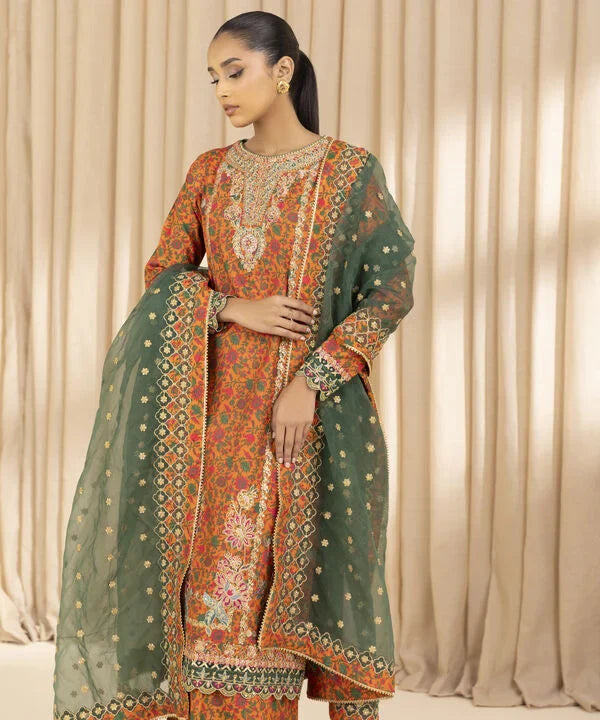 3 Piece - Embroidered Raw Silk Suit