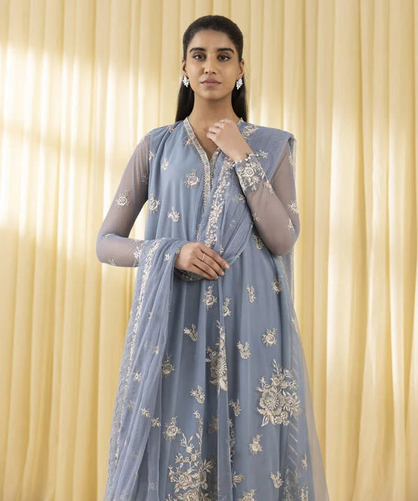 3 Piece - Embroidered Net Suit