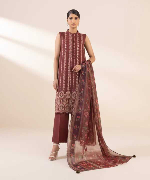 3 Piece - Embroidered Raw Silk Suit