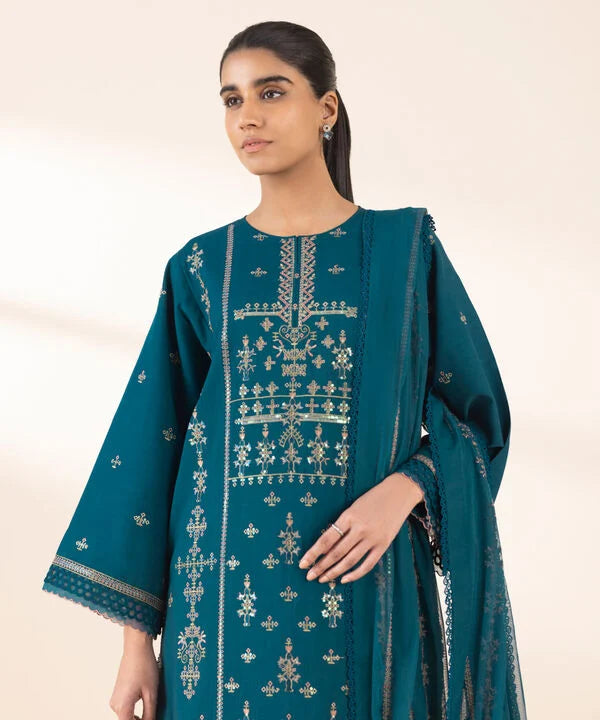 3 Piece - Embroidered Raw Silk Suit
