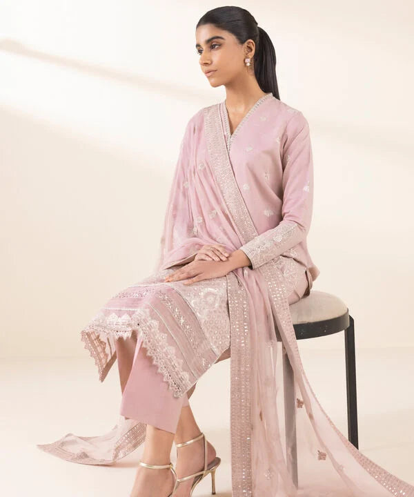 3 Piece - Embroidered Cotton Satin Suit