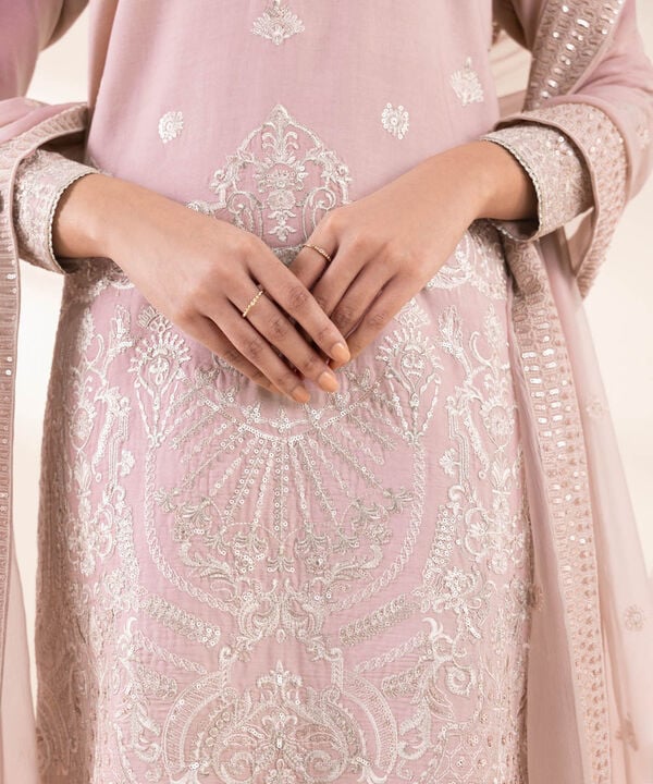 3 Piece - Embroidered Cotton Satin Suit