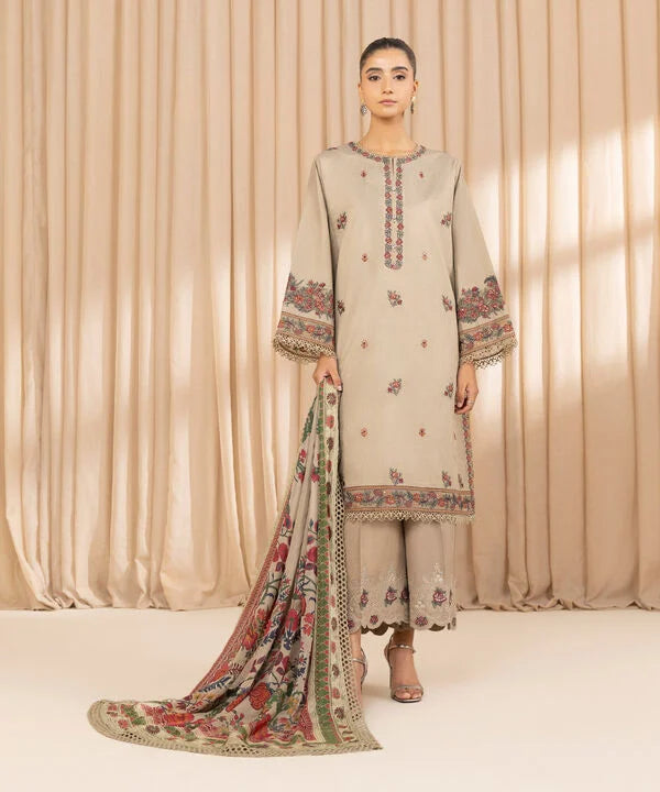3 Piece - Embroidered Cotton Net Suit