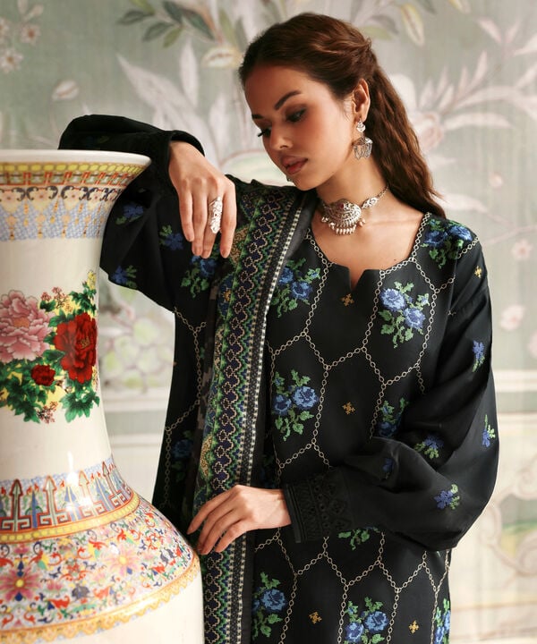 3 Piece - Embroidered Raw Silk Suit