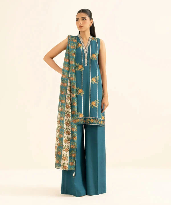 3 Piece - Embroidered Raw Silk Suit