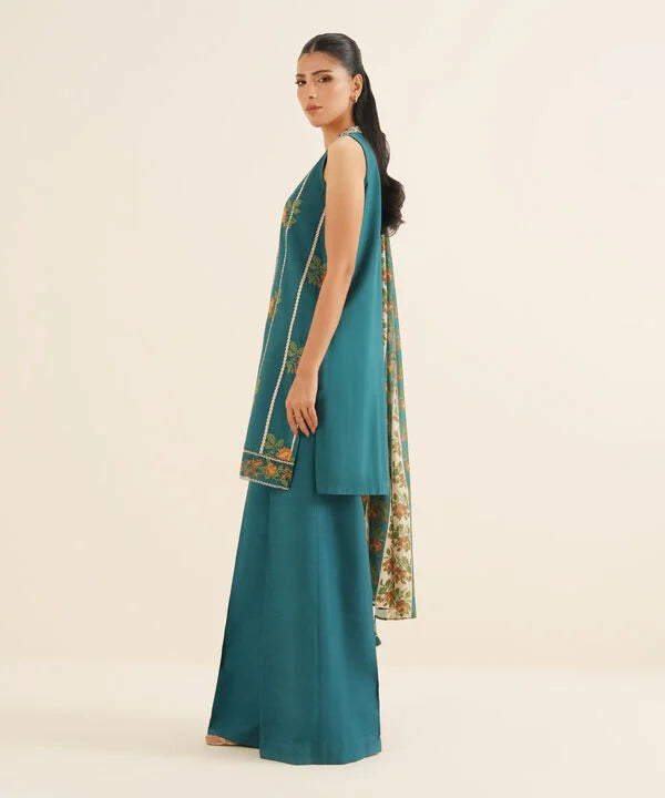 3 Piece - Embroidered Raw Silk Suit