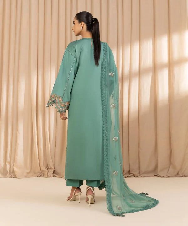 3 Piece - Embroidered Cotton Satin Suit
