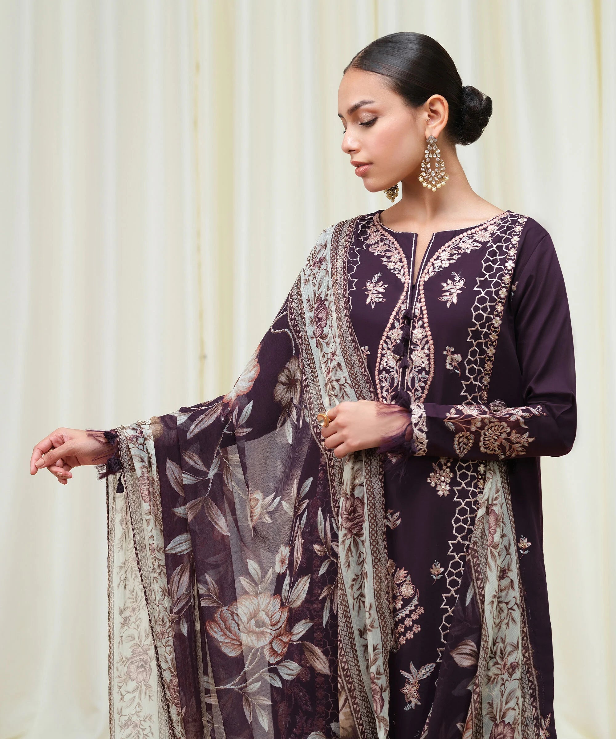 3 Piece - Embroidered Cotton Satin Suit