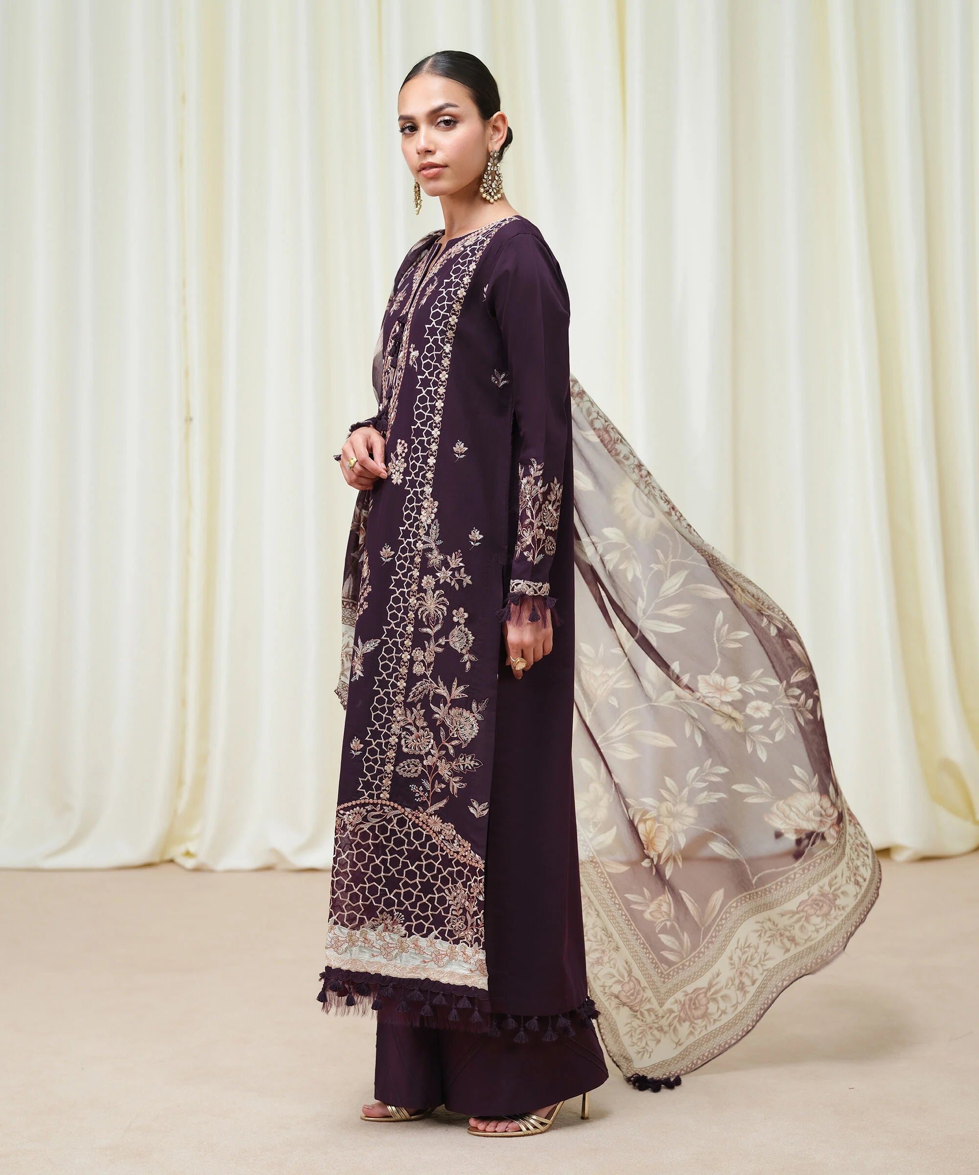 3 Piece - Embroidered Cotton Satin Suit