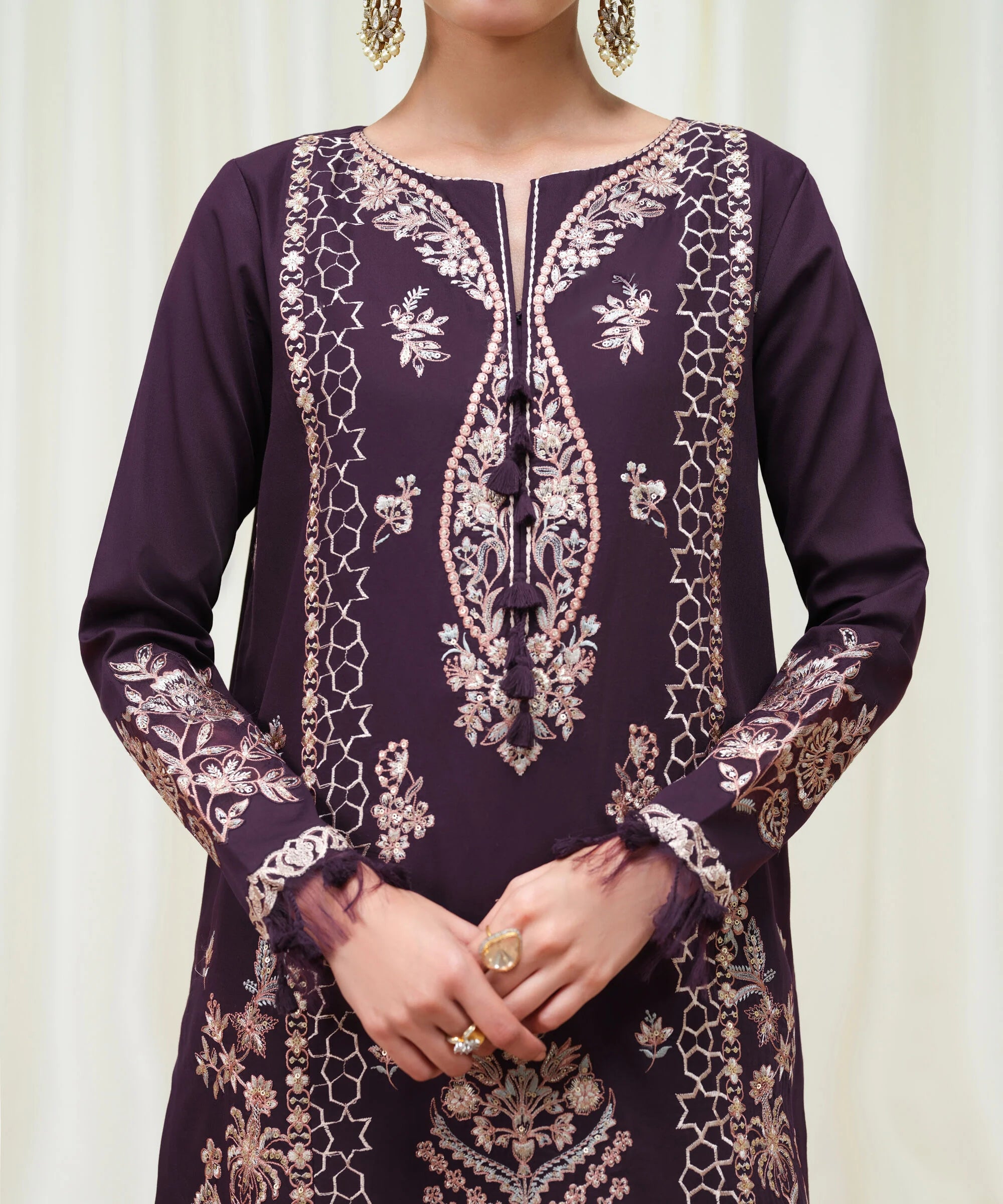 3 Piece - Embroidered Cotton Satin Suit