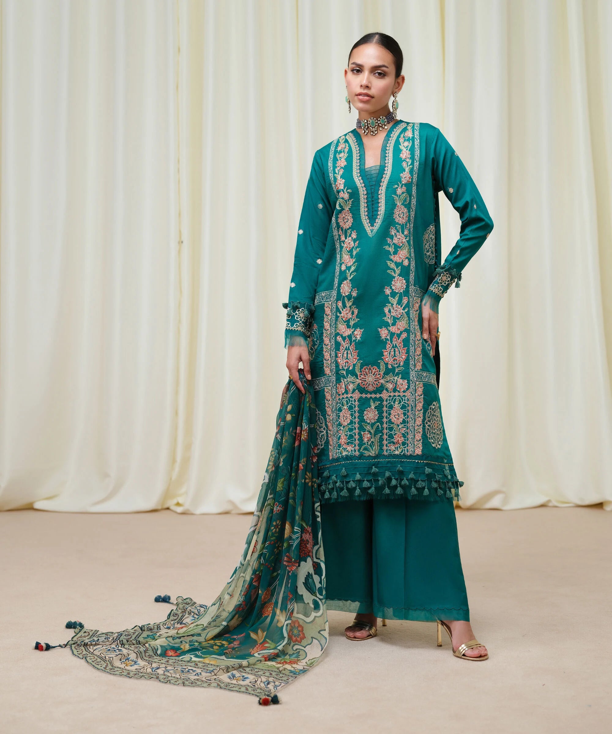 3 Piece - Embroidered Cotton Satin Suit