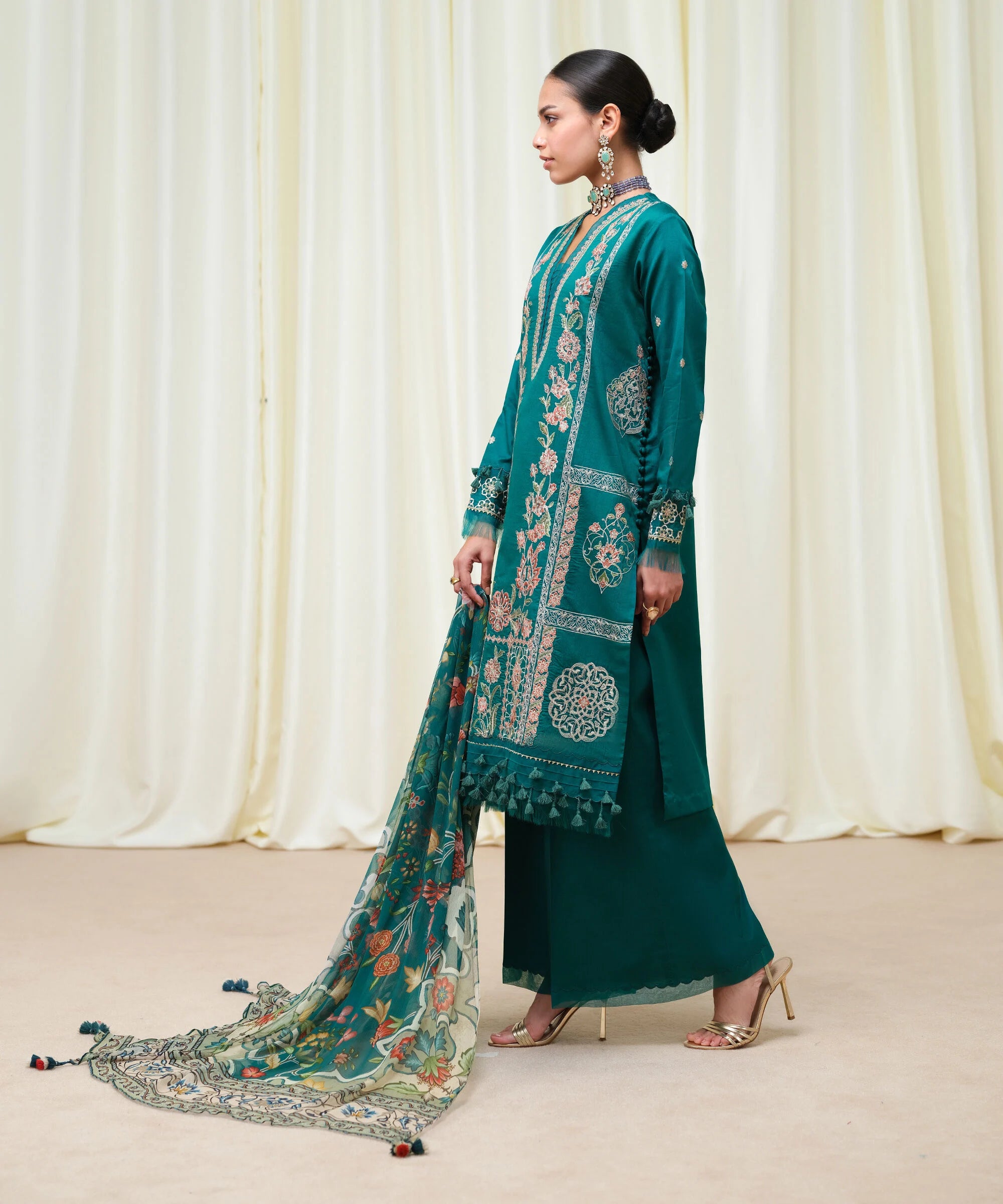 3 Piece - Embroidered Cotton Satin Suit