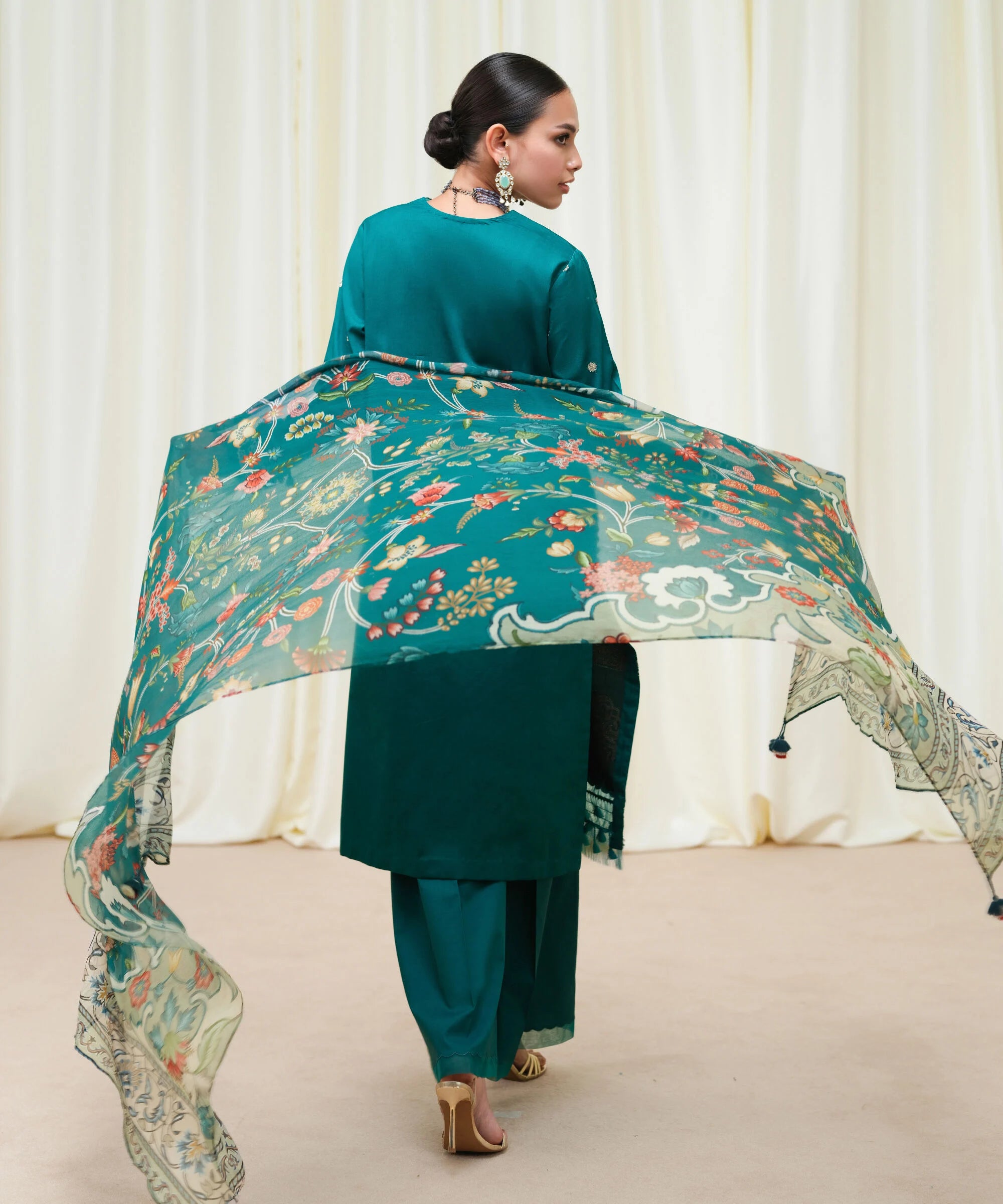 3 Piece - Embroidered Cotton Satin Suit