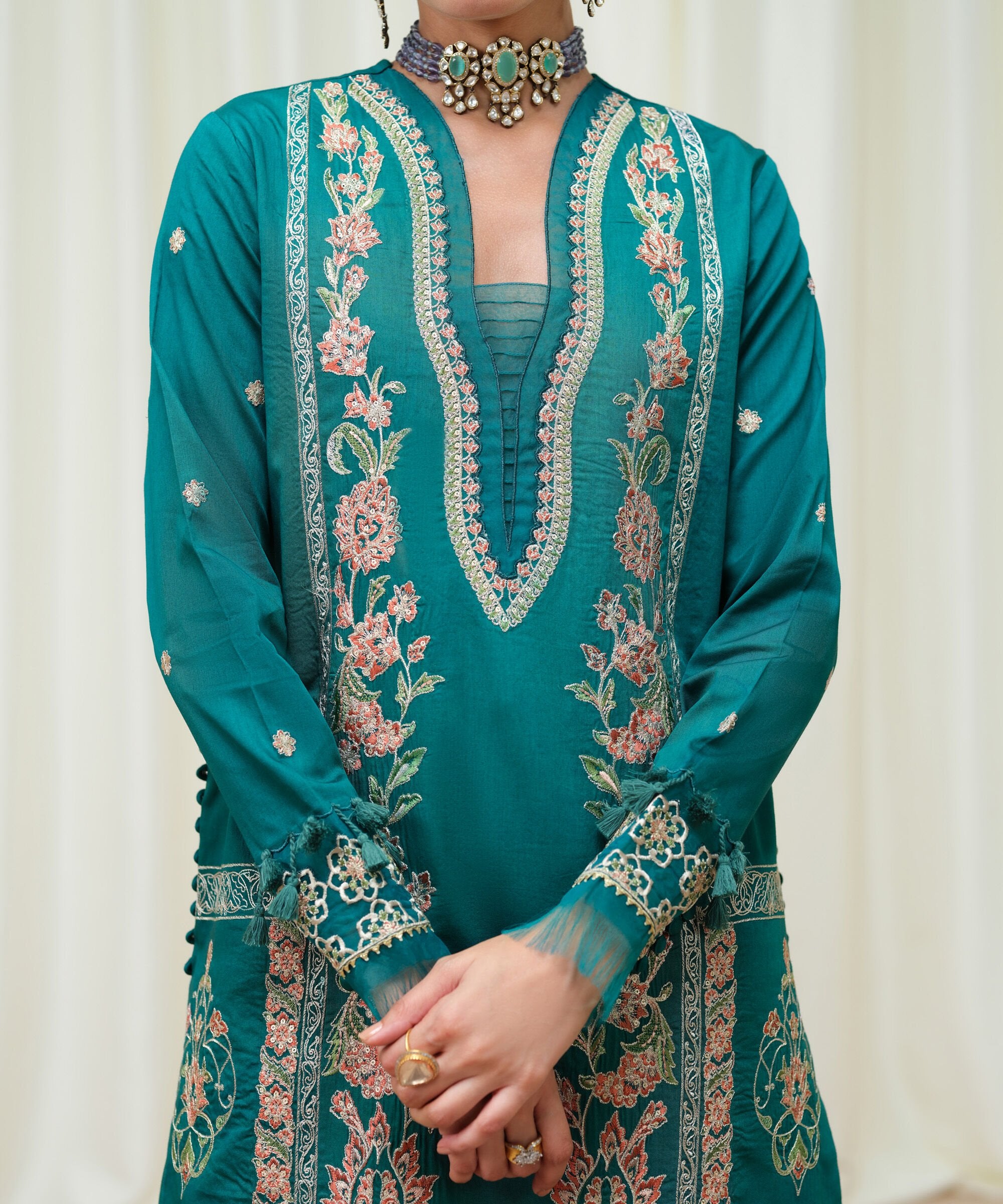 3 Piece - Embroidered Cotton Satin Suit