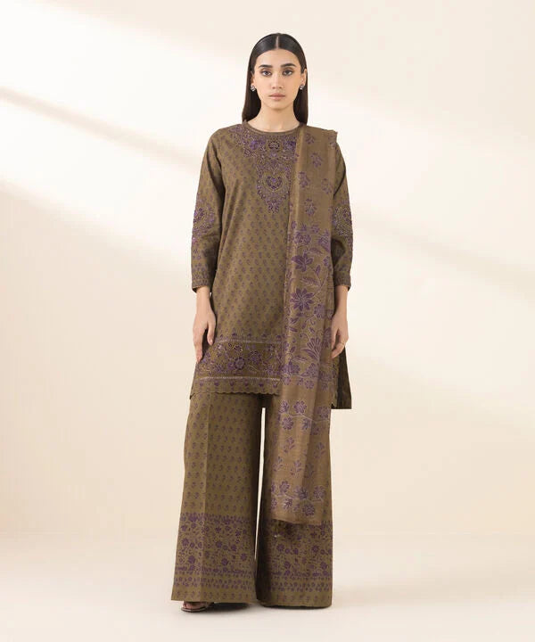 3 Piece - Embroidered Cotton Jacquard Suit