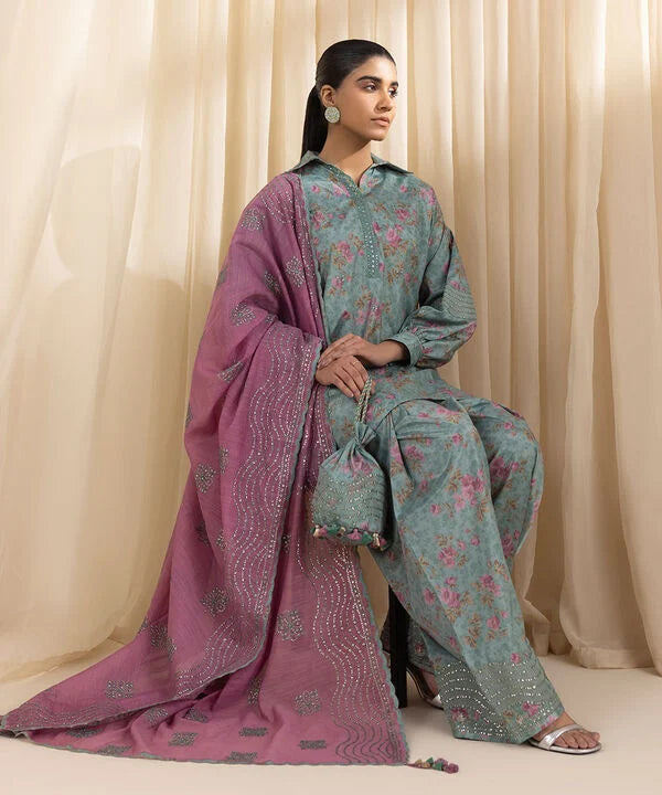 3 Piece - Embroidered Silk Suit